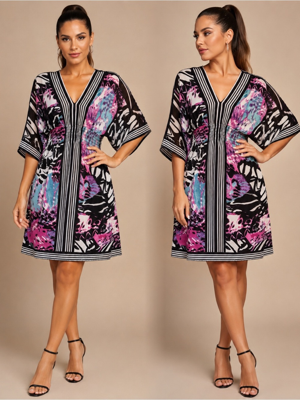 Bisou Bisou Black Floral V-Neck Dress with Pink & Blue Accents